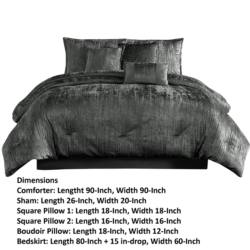 Benjara Jay 7 Piece Queen Comforter Set- Polyester Velvet Deluxe Texture- Gray