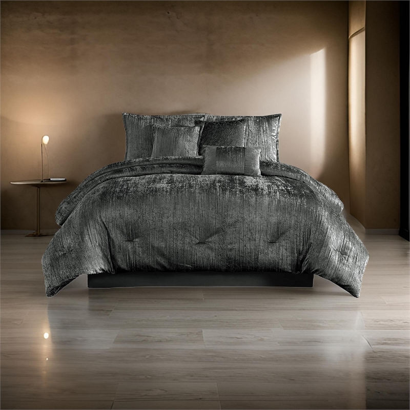 Benjara Jay 7 Piece Queen Comforter Set- Polyester Velvet Deluxe Texture- Gray