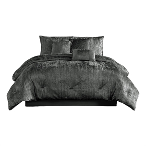 Benjara Jay 7 Piece Queen Comforter Set- Polyester Velvet Deluxe Texture- Gray