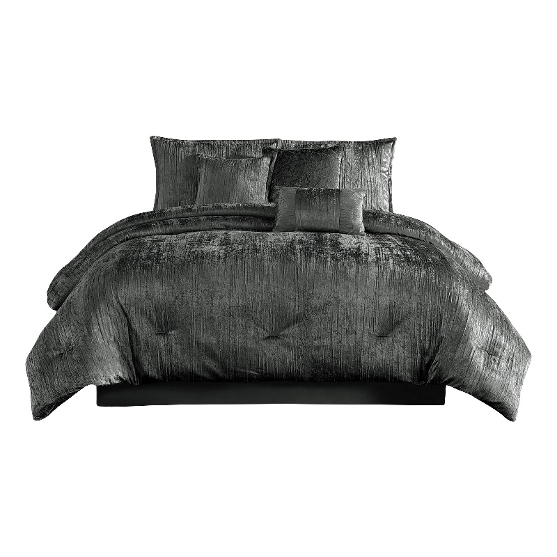 Benjara Jay 7 Piece Queen Comforter Set- Polyester Velvet Deluxe Texture- Gray