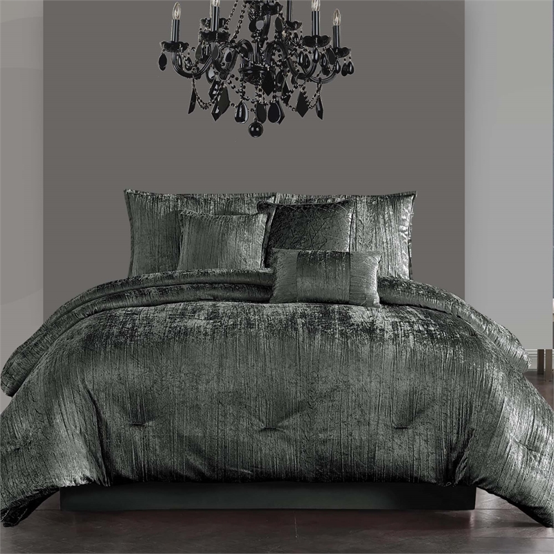 Benjara Jay 7 Piece King Comforter Set- Polyester Velvet- Deluxe Texture- Gray