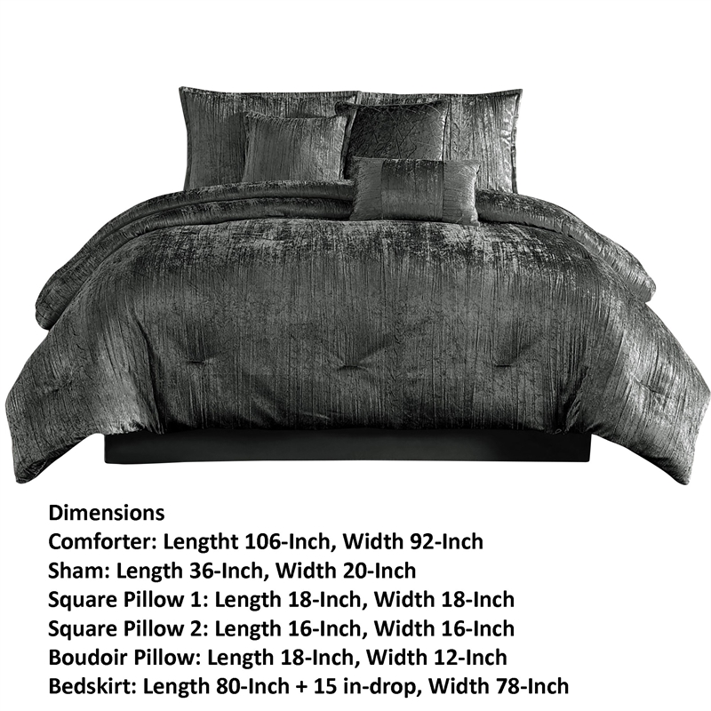 Benjara Jay 7 Piece King Comforter Set- Polyester Velvet- Deluxe Texture- Gray