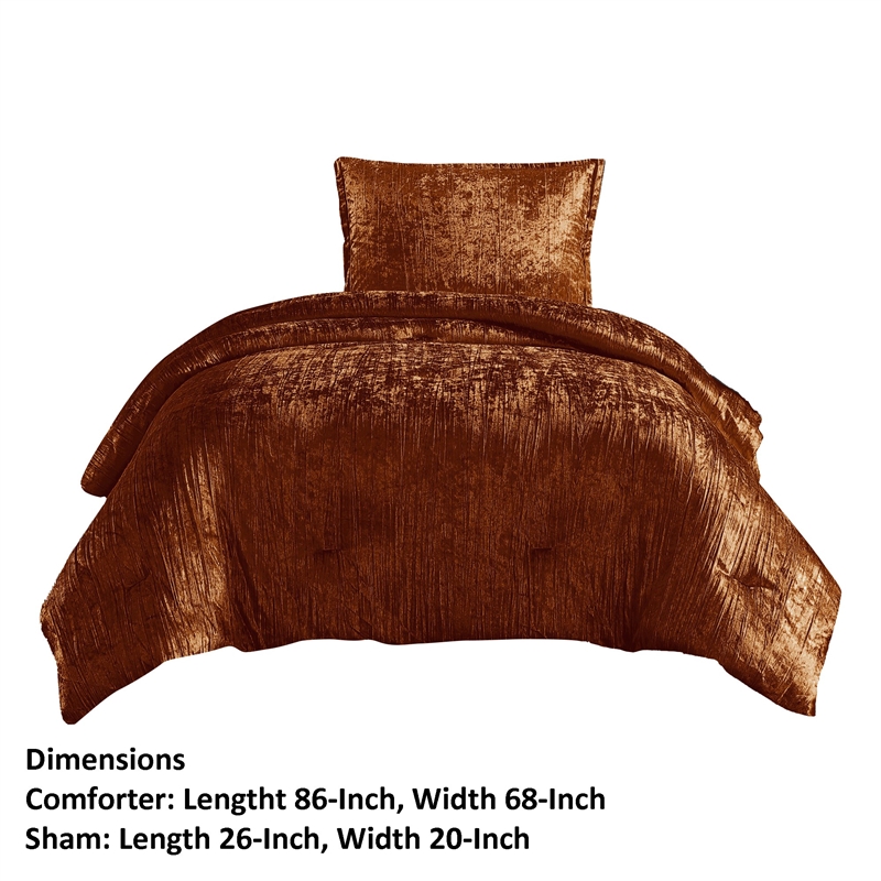 Benjara Jay 2 Piece Twin Comforter Set- Copper Polyester Velvet Deluxe Texture
