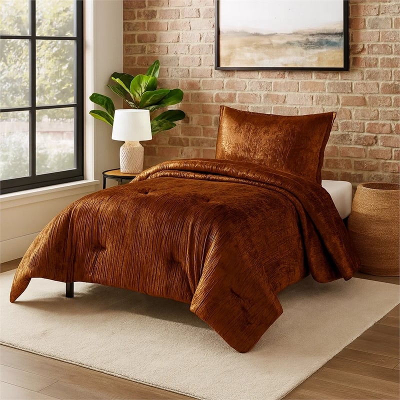 Benjara Jay 2 Piece Twin Comforter Set- Copper Polyester Velvet Deluxe Texture