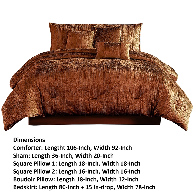 Benjara Jay 7 Piece King Comforter Set- Copper Polyester Velvet Deluxe Texture
