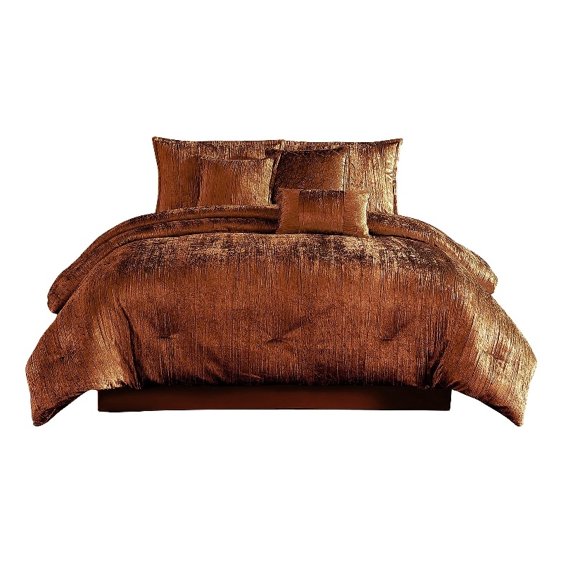 Benjara Jay 7 Piece King Comforter Set- Copper Polyester Velvet Deluxe Texture