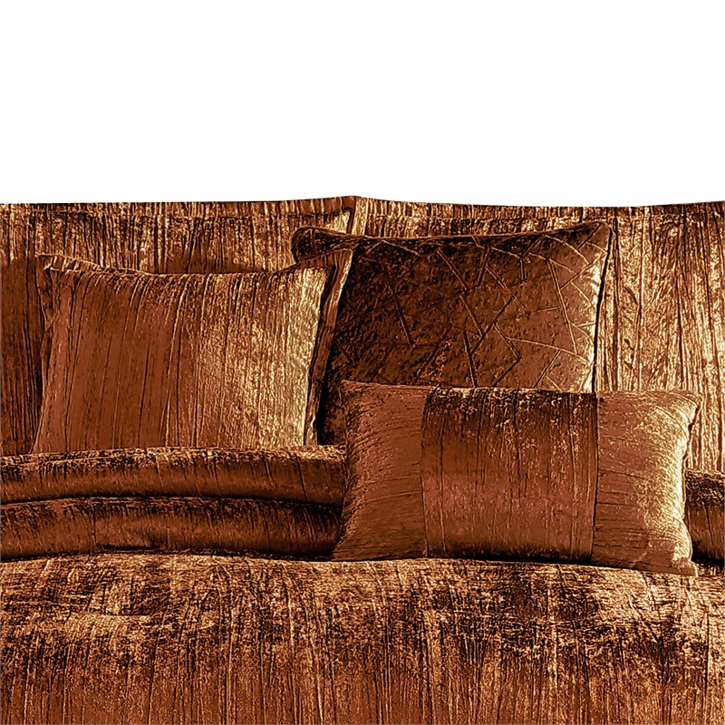 Benjara Jay 7 Piece King Comforter Set- Copper Polyester Velvet Deluxe Texture