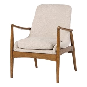 Benjara 28&quot Fabric Upholstered Accent Armchair- Birch Wood- Off White/Brown