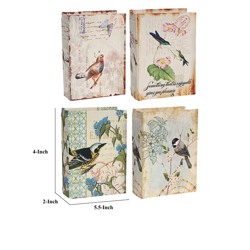 Benjara Anya Set of 4 Artisanal Boxes for Accessories- Book Inspired Look- Birds