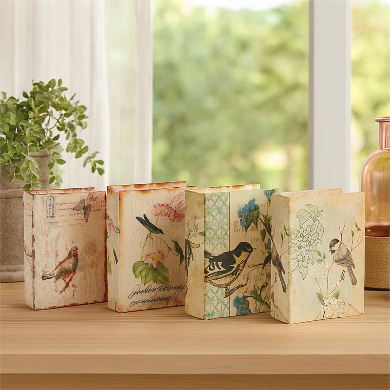 Benjara Anya Set of 4 Artisanal Boxes for Accessories- Book Inspired Look- Birds