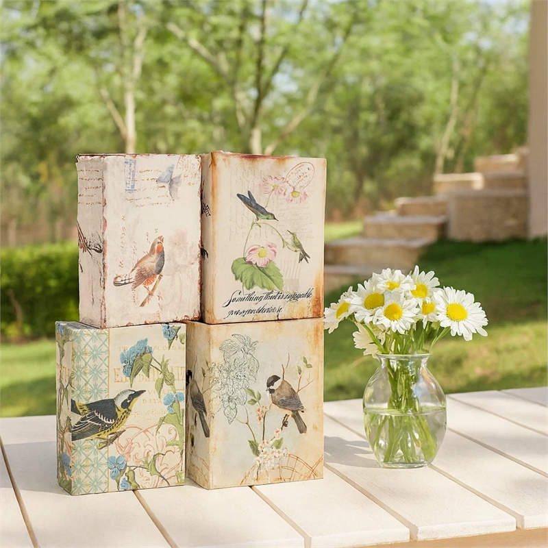 Benjara Anya Set of 4 Artisanal Boxes for Accessories- Book Inspired Look- Birds