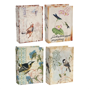 Benjara Anya Set of 4 Artisanal Boxes for Accessories- Book Inspired Look- Birds