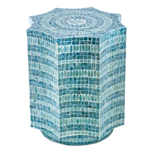 Benjara 20&quot Stool Table- Capiz Shell Inlay- Floral Geometric Design- Turquoise