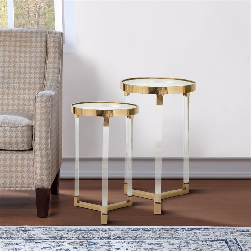 Benjara 24- 21 Accent Tables- Acrylic Clear Legs- Glass Top (Set of 2)- Gold