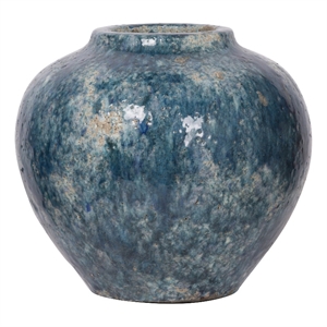 Benjara 10&quot Small Round Terracotta Vase- Subtly Curved- Textured Blue Finish