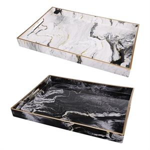 Benjara 19- 18&quot Set of 2 Modern Decorative Trays with Rims- Black and White