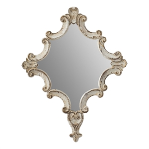 Benjara 30&quot Accent Wall Mirror- Carved Ornate Scrollwork Antique White Fir Wood
