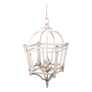 Benjara 18&quot Chandelier- Birdcage Design Iron- Farmhouse Weathered Antique White