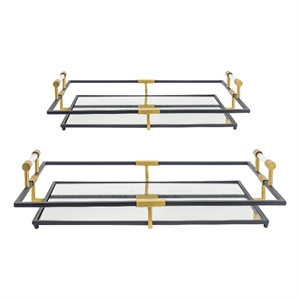 Benjara 21- 27&quot Set of 2 Decorative Trays with Mirror- Modern Frame- Gold- Black