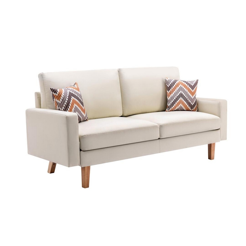 Benjara Gala 2 Piece Sofa & Chair Set- Ivory Fabric- 2 Pillows- Brown Wood Frame