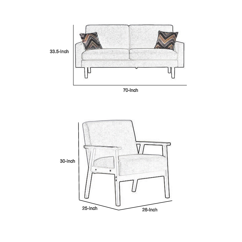 Benjara Gala 2 Piece Sofa & Chair Set- Ivory Fabric- 2 Pillows- Brown Wood Frame