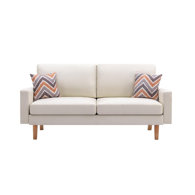 Benjara Gala 2 Piece Sofa & Chair Set- Ivory Fabric- 2 Pillows- Brown Wood Frame