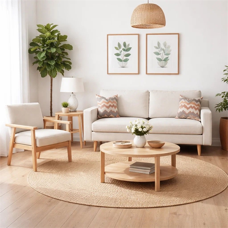 Benjara Gala 2 Piece Sofa & Chair Set- Ivory Fabric- 2 Pillows- Brown Wood Frame
