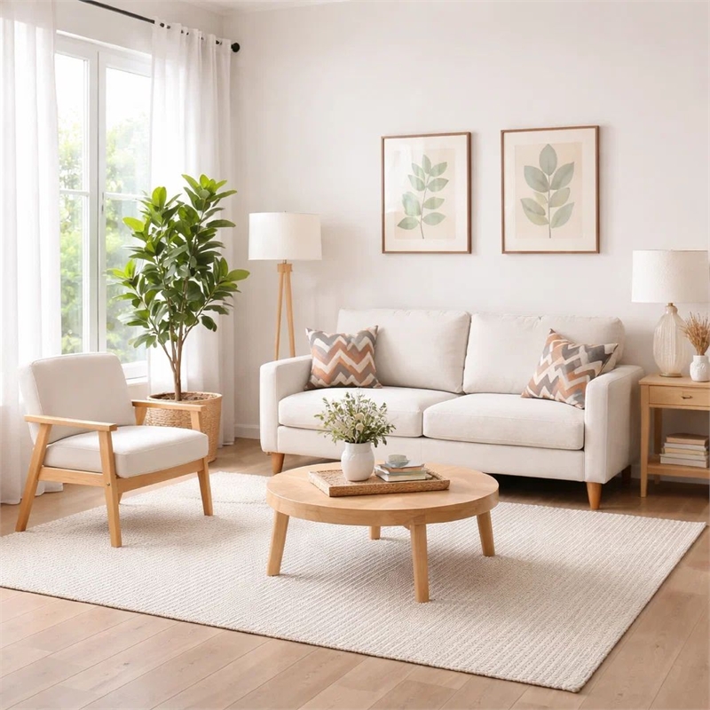 Benjara Gala 2 Piece Sofa & Chair Set- Ivory Fabric- 2 Pillows- Brown Wood Frame