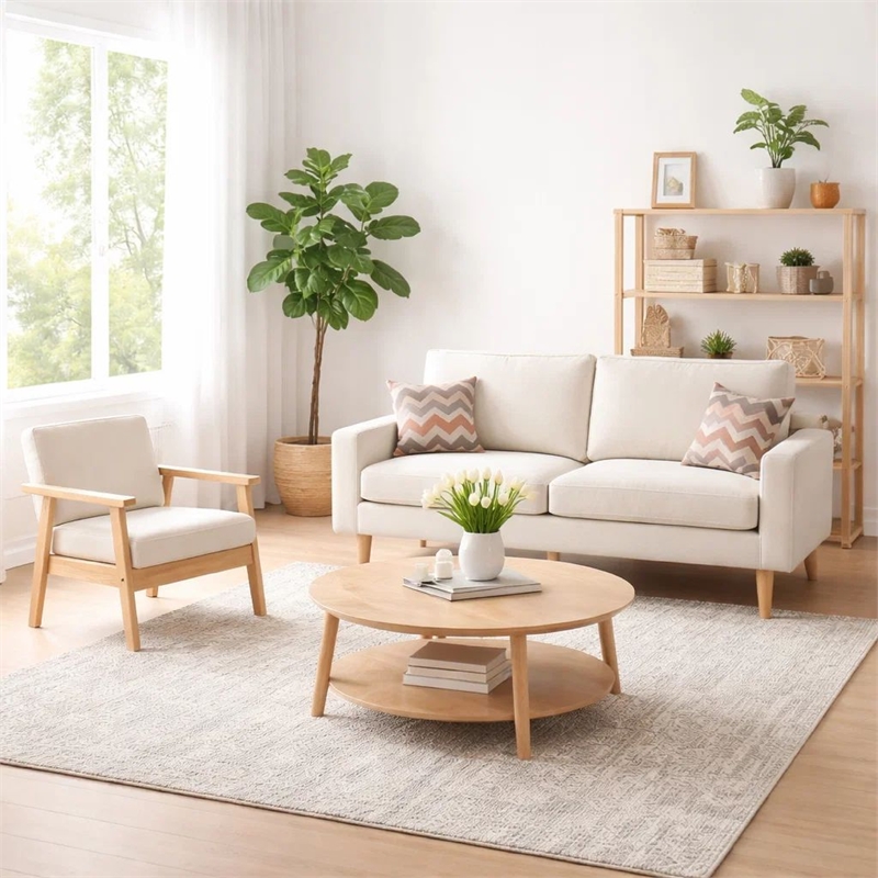 Benjara Gala 2 Piece Sofa & Chair Set- Ivory Fabric- 2 Pillows- Brown Wood Frame