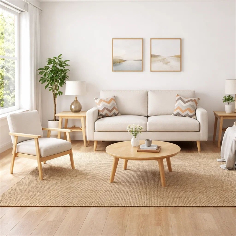 Benjara Gala 2 Piece Sofa & Chair Set- Ivory Fabric- 2 Pillows- Brown Wood Frame