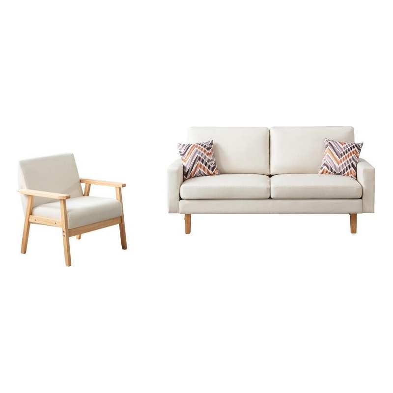 Benjara Gala 2 Piece Sofa & Chair Set- Ivory Fabric- 2 Pillows- Brown Wood Frame