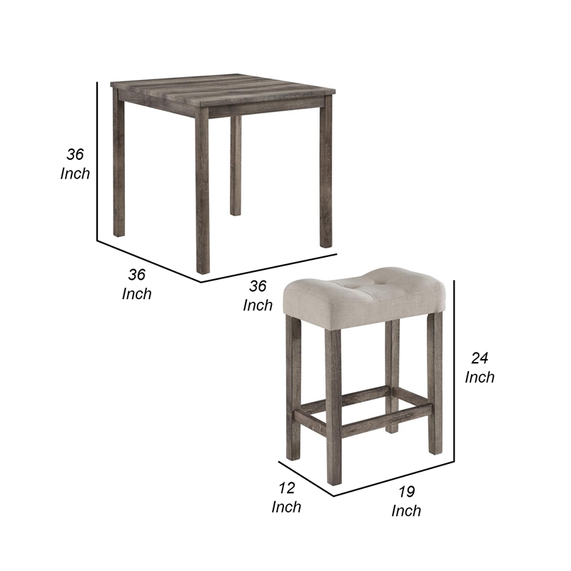 Benjara Dana 5 Piece Counter Height Table Set- Deep Tufted Stools- Brown- Beige