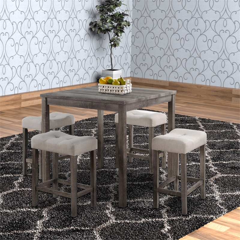 Benjara Dana 5 Piece Counter Height Table Set- Deep Tufted Stools- Brown- Beige