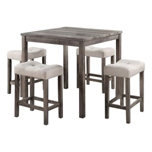 Benjara Dana 5 Piece Counter Height Table Set- Deep Tufted Stools- Brown- Beige