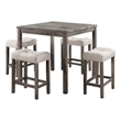 Benjara Dana 5 Piece Counter Height Table Set- Deep Tufted Stools- Brown- Beige