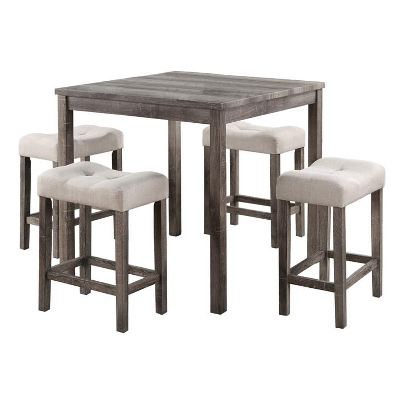 Benjara Dana 5 Piece Counter Height Table Set- Deep Tufted Stools- Brown- Beige