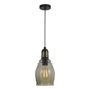 Benjara 6&quot Modern LED Pendent Light- Rippled Glass Shade- Smoky Finish- Black