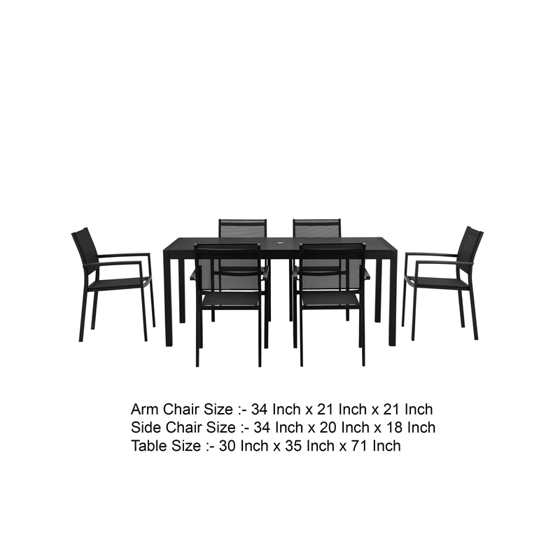 Benjara Fifi 7 PC Dining Table Set- Black Metal Frames- Smooth Textilene Fabric