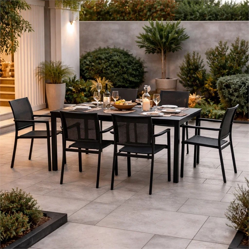 Benjara Fifi 7 PC Dining Table Set- Black Metal Frames- Smooth Textilene Fabric