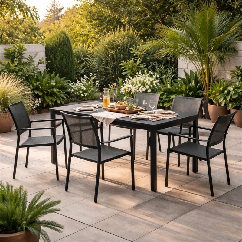 Benjara Fifi 7 PC Dining Table Set- Black Metal Frames- Smooth Textilene Fabric