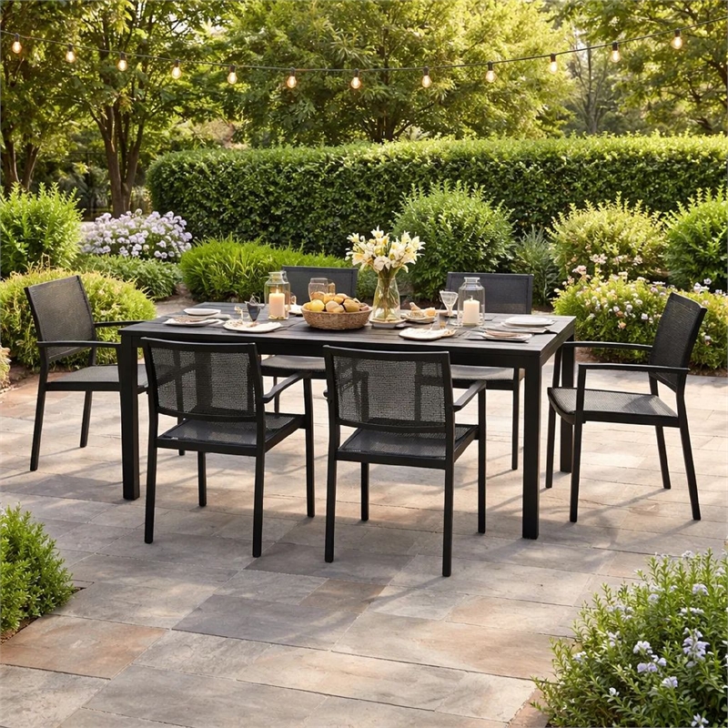 Benjara Fifi 7 PC Dining Table Set- Black Metal Frames- Smooth Textilene Fabric