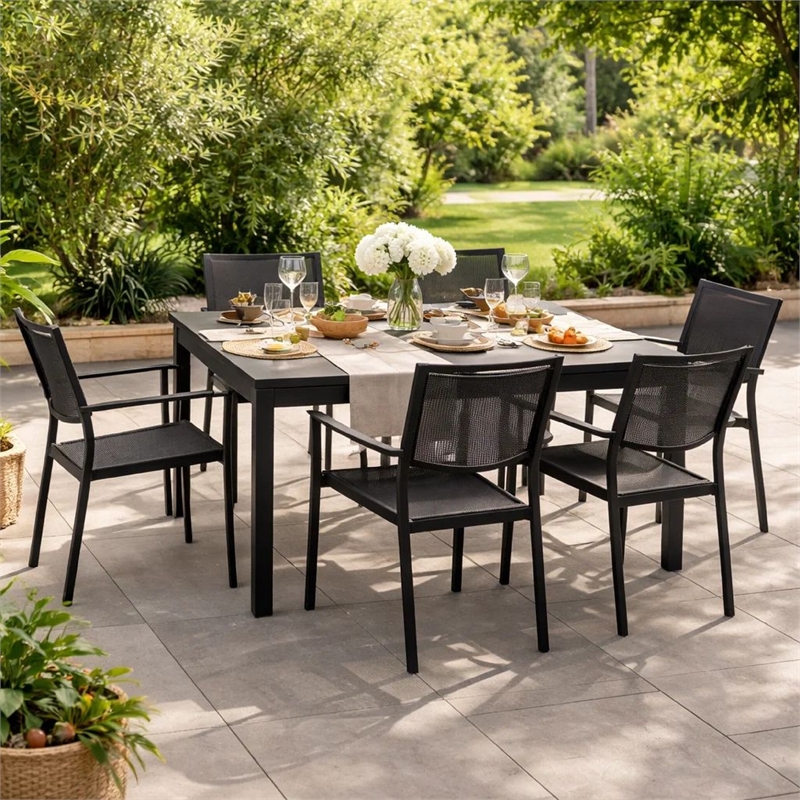 Benjara Fifi 7 PC Dining Table Set- Black Metal Frames- Smooth Textilene Fabric