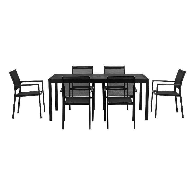Benjara Fifi 7 PC Dining Table Set- Black Metal Frames- Smooth Textilene Fabric