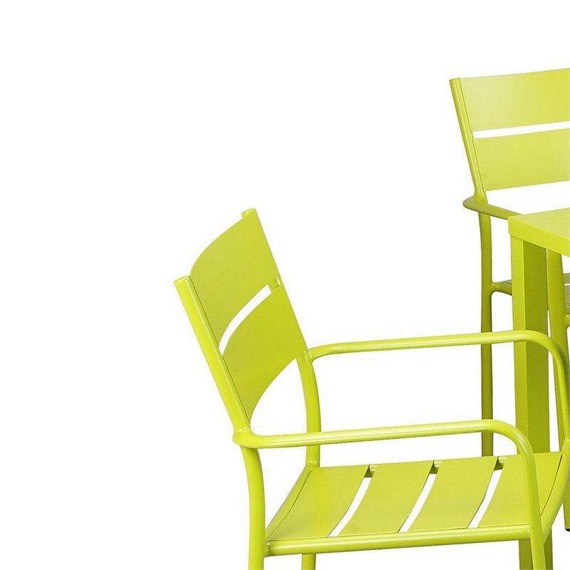 Benjara Meta 7 Piece Outdoor Dining Table- Chairs Set- Green- Plank Seat & Backs