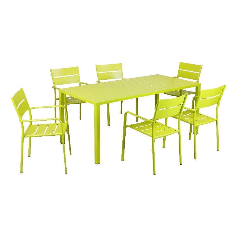 Benjara Meta 7 Piece Outdoor Dining Table- Chairs Set- Green- Plank Seat & Backs