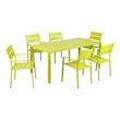 Benjara Meta 7 Piece Outdoor Dining Table- Chairs Set- Green- Plank Seat & Backs