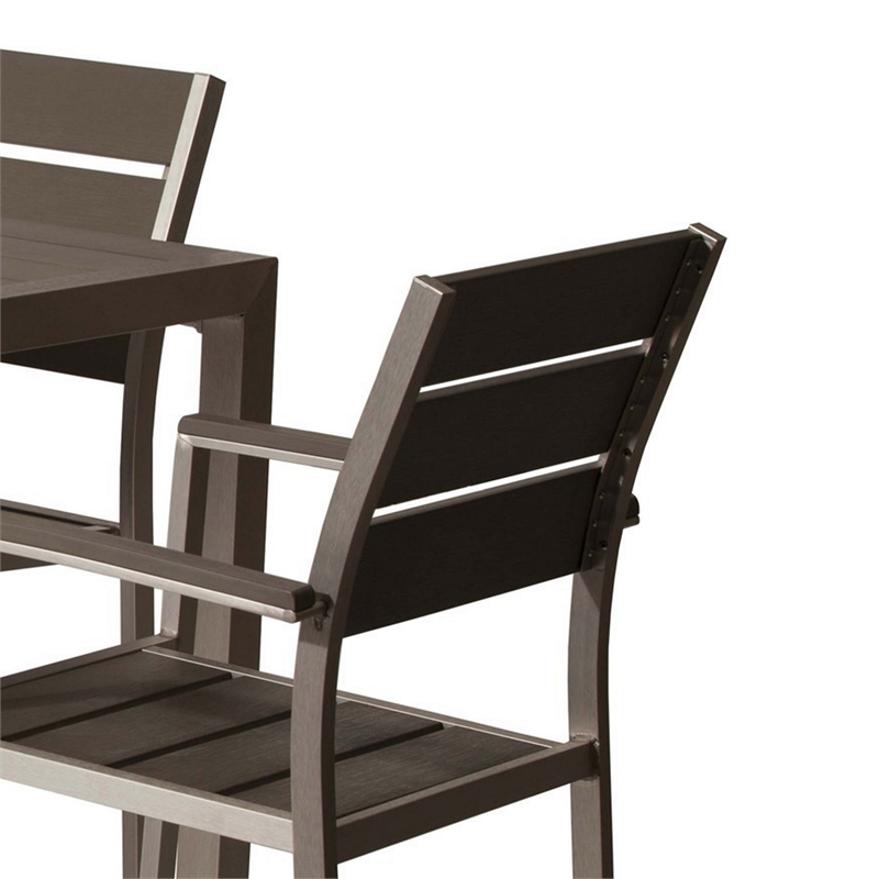 Benjara Cora 7 Piece Outdoor Dining Table- Chairs Set- Gray- Plank Seats & Backs