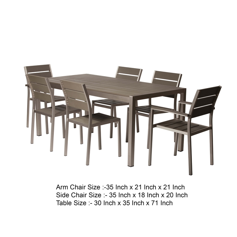 Benjara Cora 7 Piece Outdoor Dining Table- Chairs Set- Gray- Plank Seats & Backs