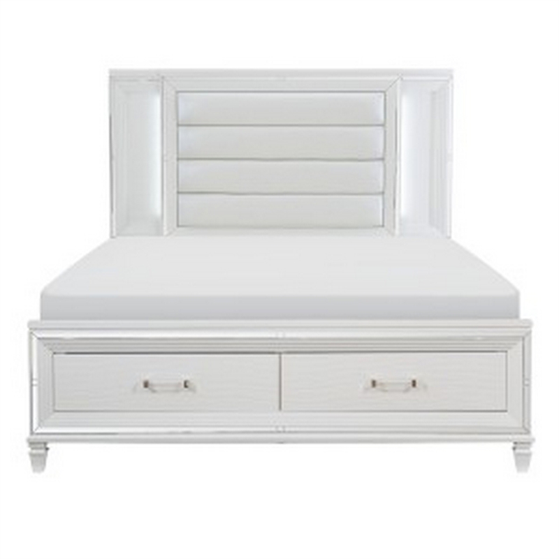 Benjara Delcy Queen Platform Bed-LED Headboard-2 Drawer Footboard-Mirror-White