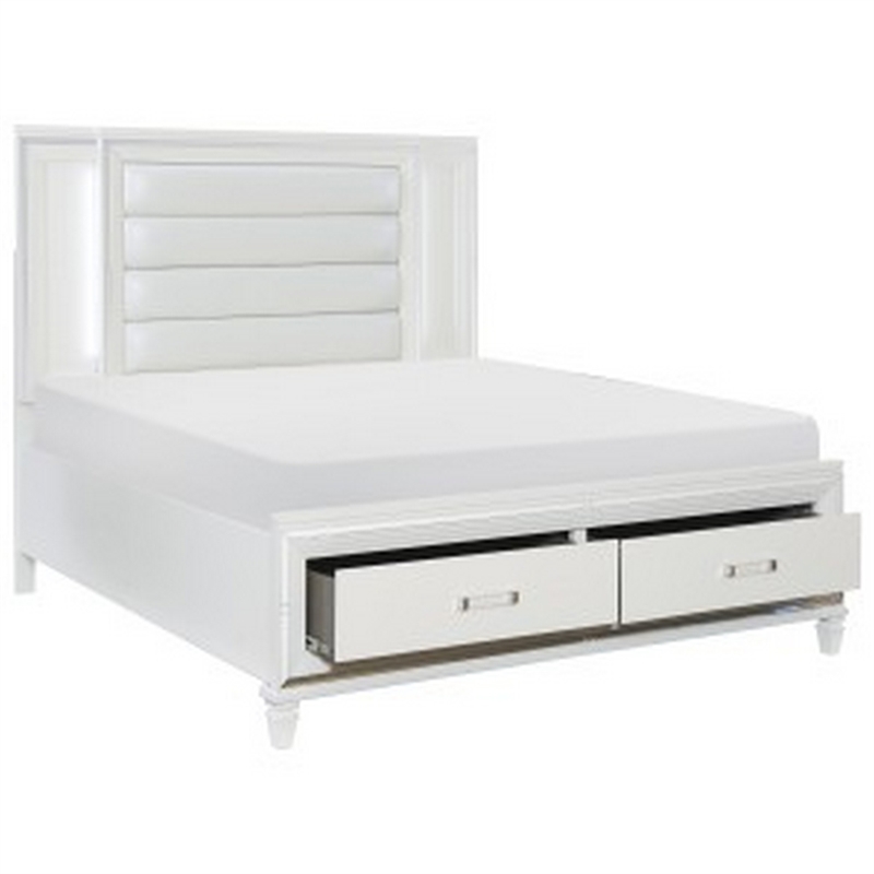 Benjara Delcy Queen Platform Bed-LED Headboard-2 Drawer Footboard-Mirror-White